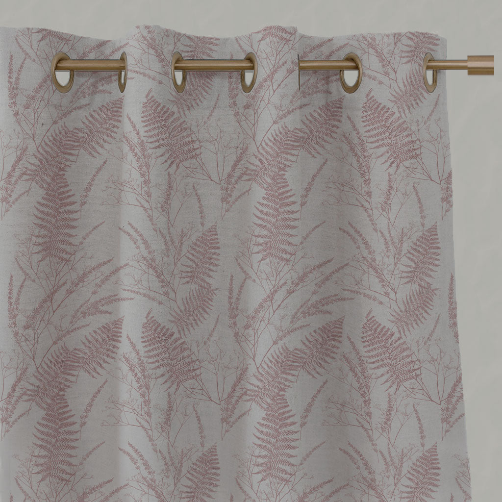 Pink Botanical Linen Eyelet Curtains - Fernia Dusty Pink - Natural base fabric.
