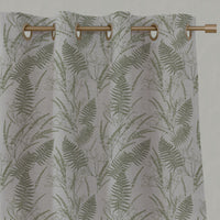 Green Botanical Linen Eyelet Curtains - Fernia Khaki - Natural base fabric.