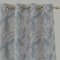 Blue Botanical Linen Eyelet Curtains - Fernia True Blue - Natural base fabric.