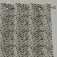 Green Botanical Linen Eyelet Curtains - Fita Khaki - Natural base fabric.