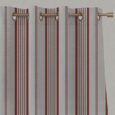 Red Striped Linen Eyelet Curtains - Freja Crimson Red - Natural base fabric.