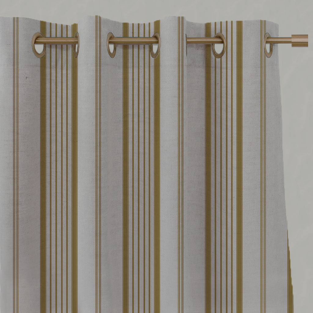 Yellow Striped Linen Eyelet Curtains - Freja Gold Rod - Natural base fabric.