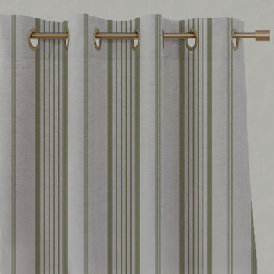 Green Striped Linen Eyelet Curtains - Freja Olive - Natural base fabric.