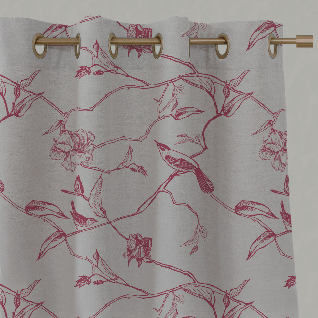Red Floral Linen Eyelet Curtains - Gardenia Cherry - Natural base fabric.