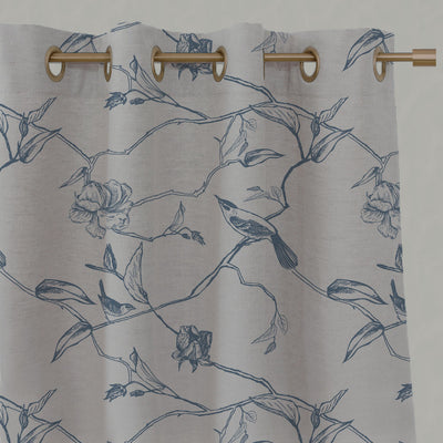 Blue Floral Linen Eyelet Curtains - Gardenia Denim - Natural base fabric.