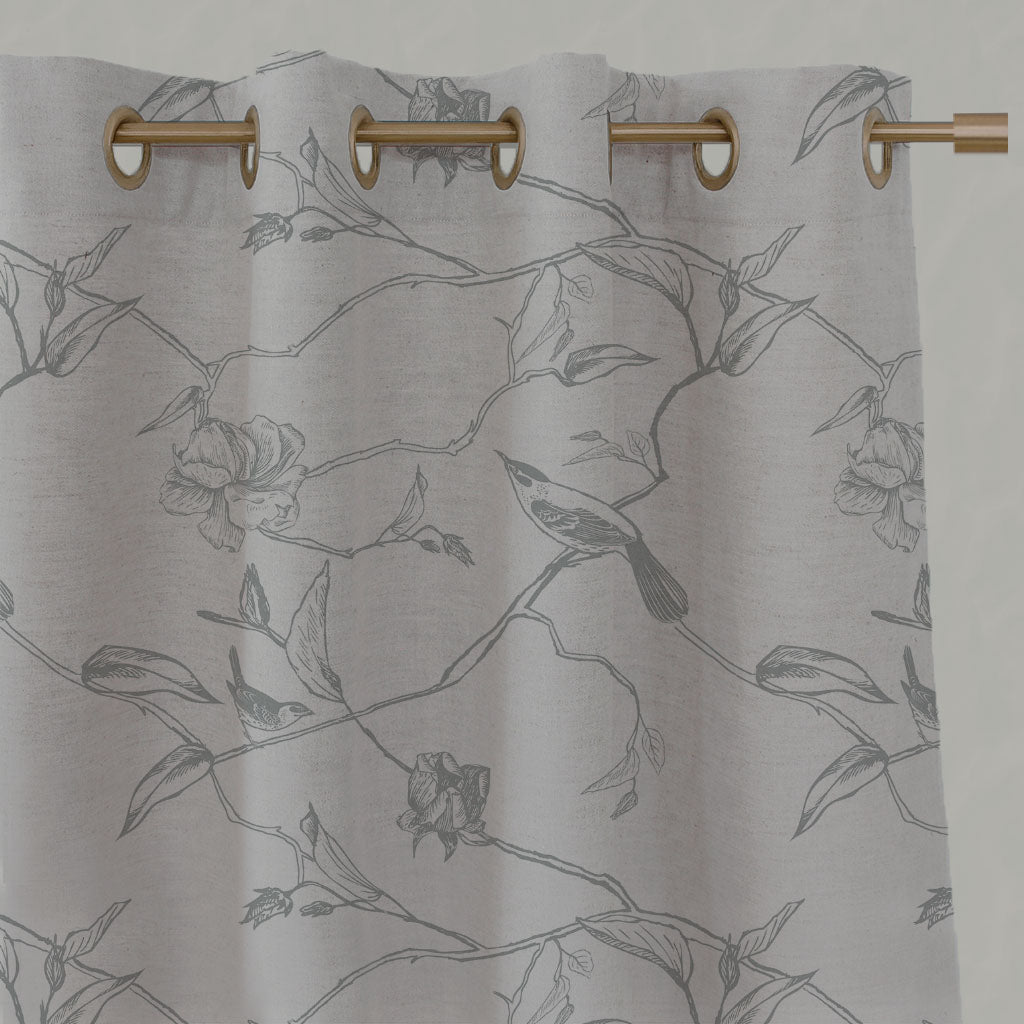 Grey Floral Linen Eyelet Curtains - Gardenia Greige - Natural base fabric.