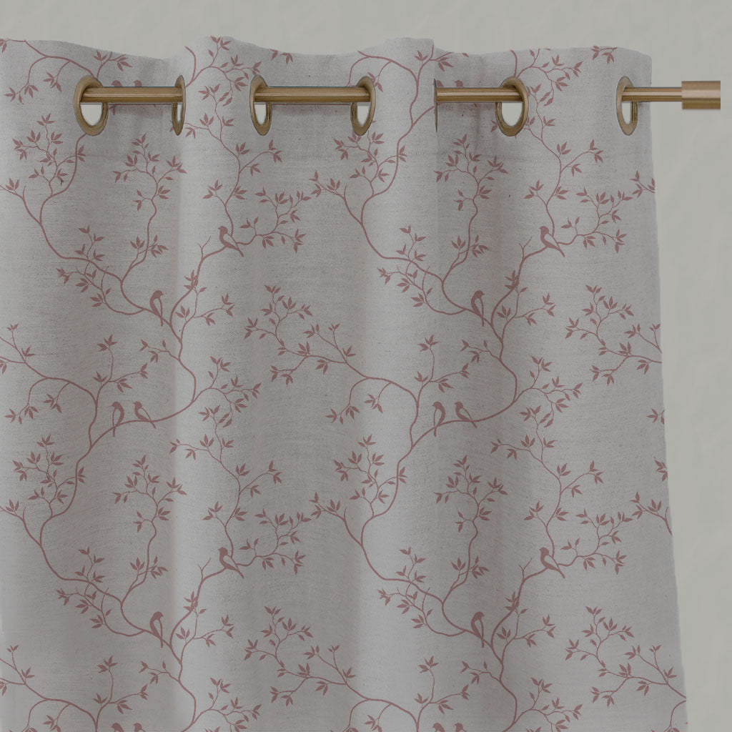 Pink Botanical Linen Eyelet Curtains - Goldfinch Dusty Pink - Natural base fabric.