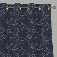 Blue Botanical Linen Eyelet Curtains - Goldfinch INV-Deep Blue - Natural base fabric.