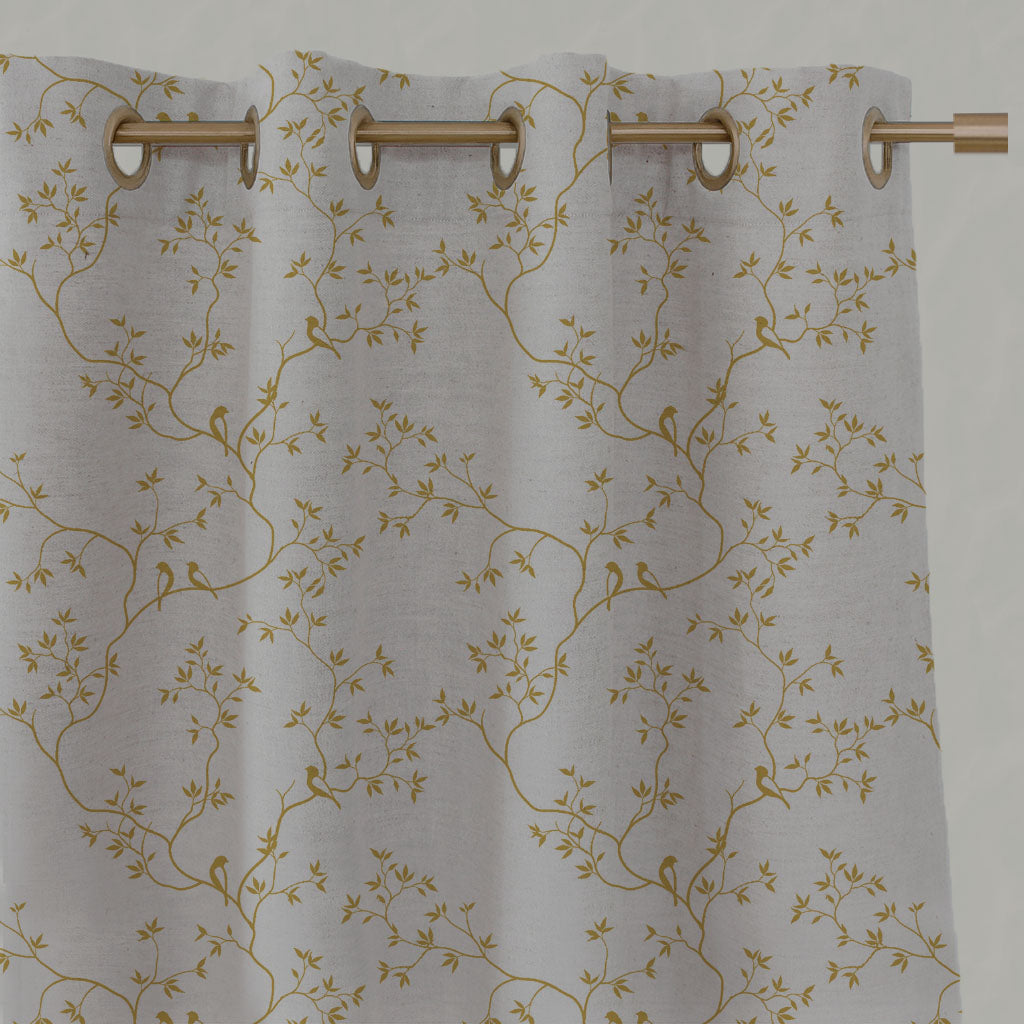 Yellow Botanical Linen Eyelet Curtains - Goldfinch Mustard - Natural base fabric.