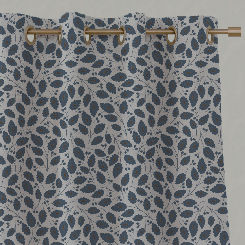 Blue Botanical Linen Eyelet Curtains - Goldie Denim - Natural base fabric.