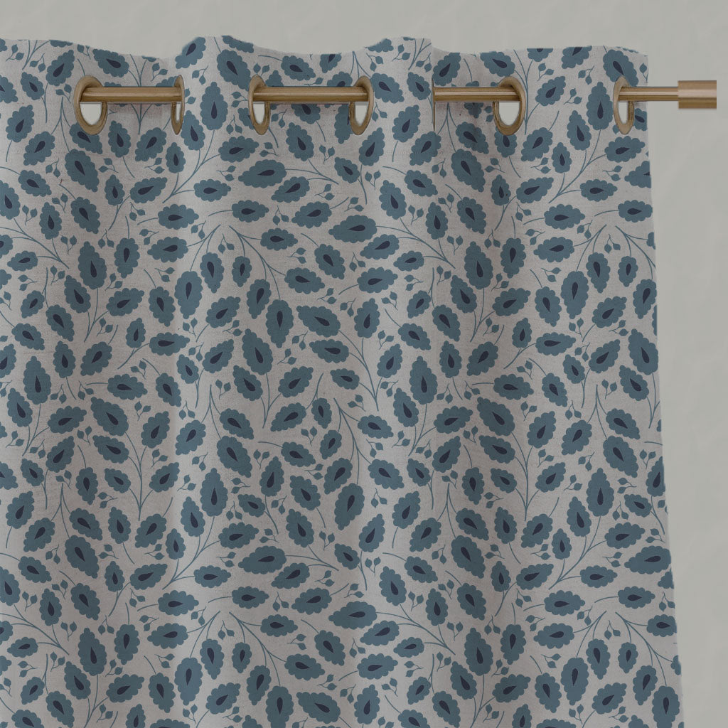 Blue Botanical Linen Eyelet Curtains - Goldie True Blue - Natural base fabric.