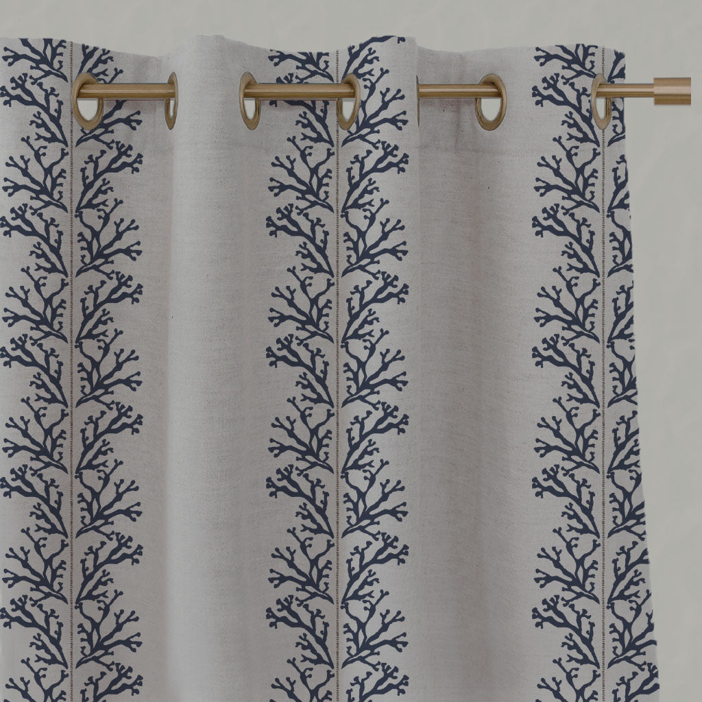 Blue Patterned Linen Eyelet Curtains - Hensley Deep Blue - Natural base fabric.