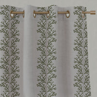 Green Patterned Linen Eyelet Curtains - Hensley Khaki - Natural base fabric.