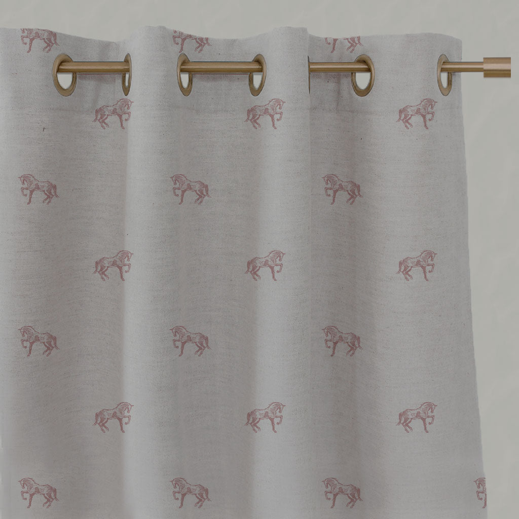 Pink Kids Linen Eyelet Curtains - Horse Dusty Pink - Natural base fabric.