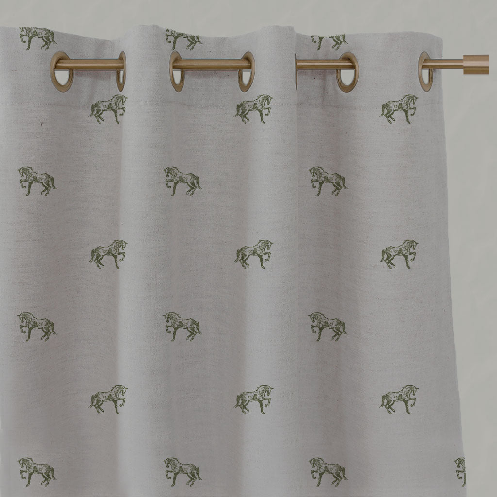 Green Kids Linen Eyelet Curtains - Horse Khaki - Natural base fabric.