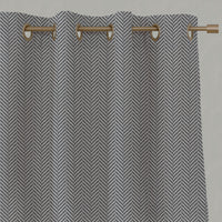Grey Patterned Linen Eyelet Curtains - Hugo Ash - Natural base fabric.