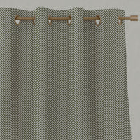 Green Patterned Linen Eyelet Curtains - Hugo Khaki - Natural base fabric.