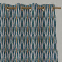 Blue / Orange Patterned Linen Eyelet Curtains - Hulda Blue Stone - Ochre - Natural base fabric.
