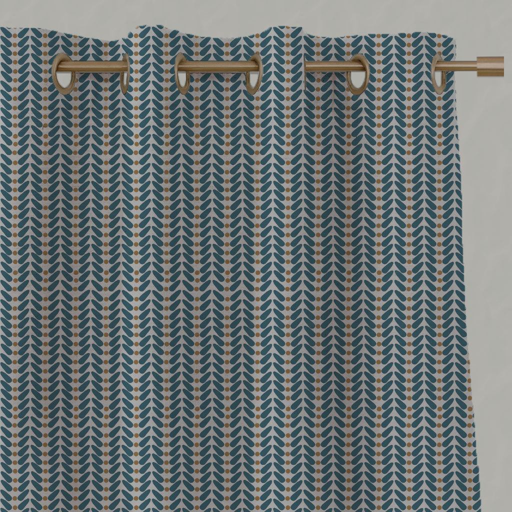 Blue / Orange Patterned Linen Eyelet Curtains - Hulda Blue Stone - Ochre - Natural base fabric.
