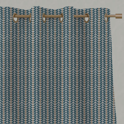 Blue / Orange Patterned Linen Eyelet Curtains - Hulda Blue Stone - Ochre - Natural base fabric.