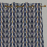 Blue / Orange Patterned Linen Eyelet Curtains - Hulda Deep Blue Ochre - Natural base fabric.