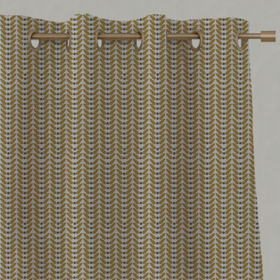 Yellow Patterned Linen Eyelet Curtains - Hulda Gold Rod - Natural base fabric.