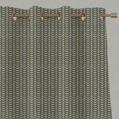 Green Patterned Linen Eyelet Curtains - Hulda Khaki - Natural base fabric.
