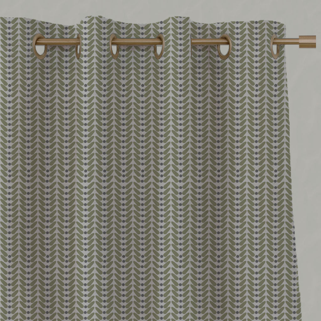 Green Patterned Linen Eyelet Curtains - Hulda Olive - Natural base fabric.