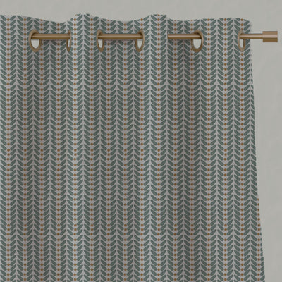 Green / Orange Patterned Linen Eyelet Curtains - Hulda Sage Ochre - Natural base fabric.