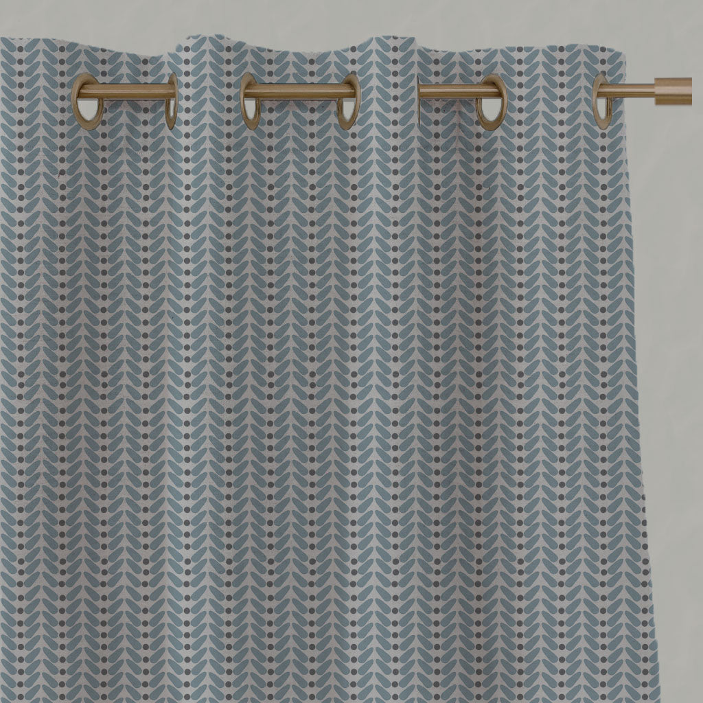 Blue Patterned Linen Eyelet Curtains - Hulda Sky - Natural base fabric.