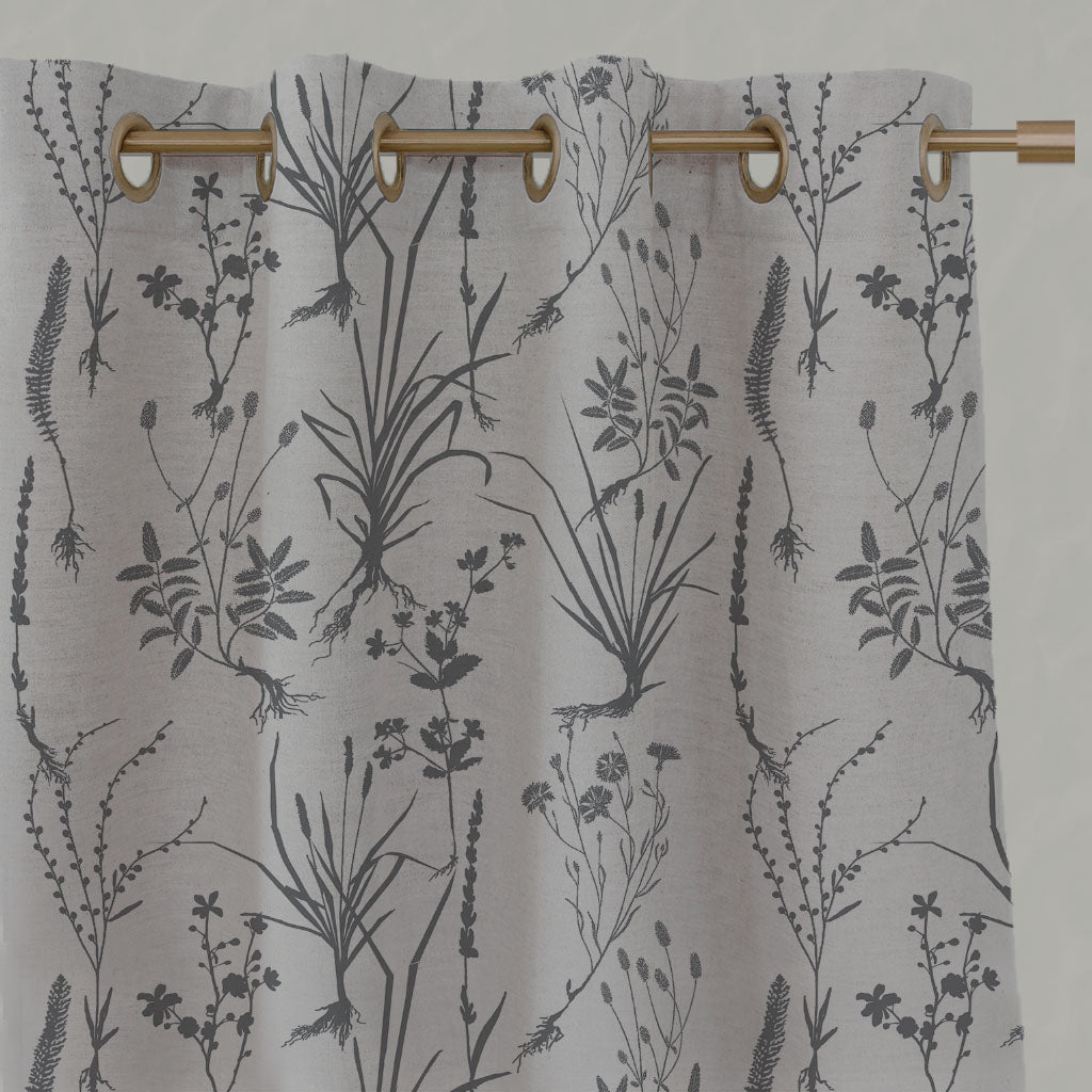 Grey Floral Linen Eyelet Curtains - Iida Ash - Natural base fabric.