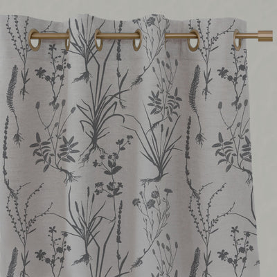 Grey Floral Linen Eyelet Curtains - Iida Ash - Natural base fabric.