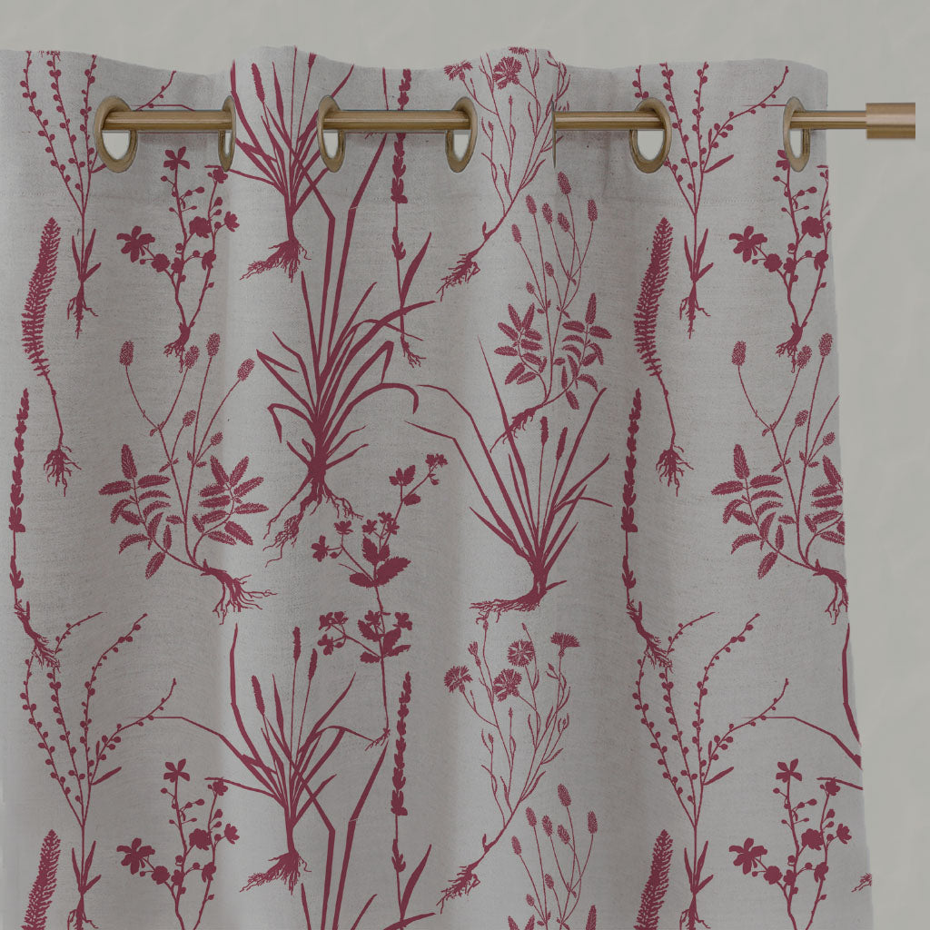 Red Floral Linen Eyelet Curtains - Iida Cherry - Natural base fabric.
