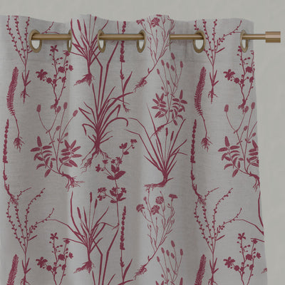 Red Floral Linen Eyelet Curtains - Iida Cherry - Natural base fabric.