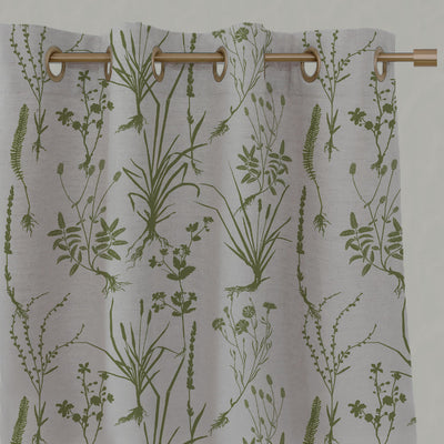 Green Floral Linen Eyelet Curtains - Iida Leaf - Natural base fabric.