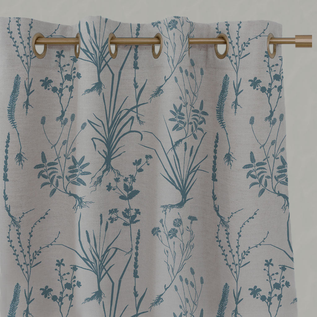 Blue Floral Linen Eyelet Curtains - Iida Marine - Natural base fabric.