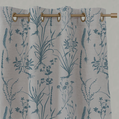 Blue Floral Linen Eyelet Curtains - Iida Marine - Natural base fabric.