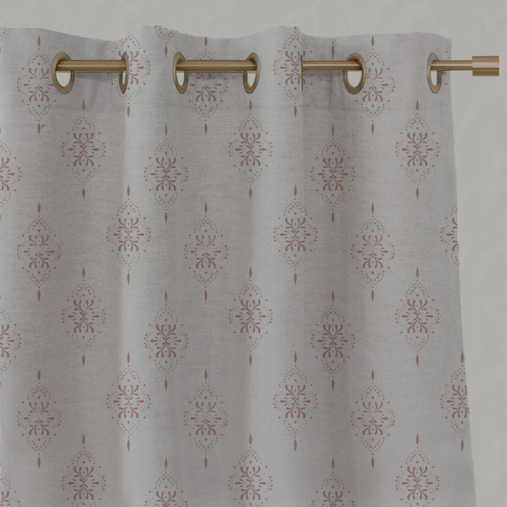 Pink Patterned Linen Eyelet Curtains - Iiris Dusty Pink - Natural base fabric.