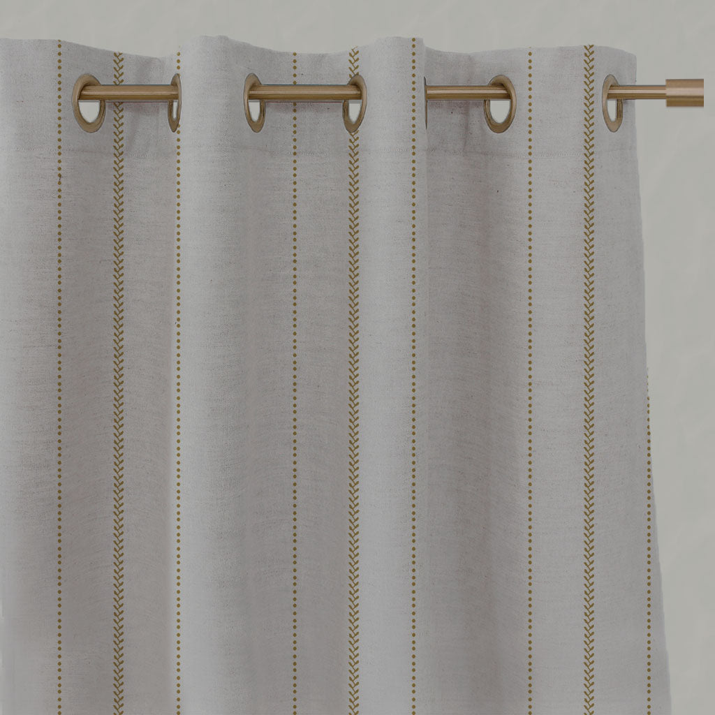 Yellow Striped Linen Eyelet Curtains - Inari Gold Rod - Natural base fabric.