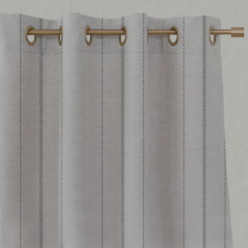 Green Striped Linen Eyelet Curtains - Inari Sage - Natural base fabric.