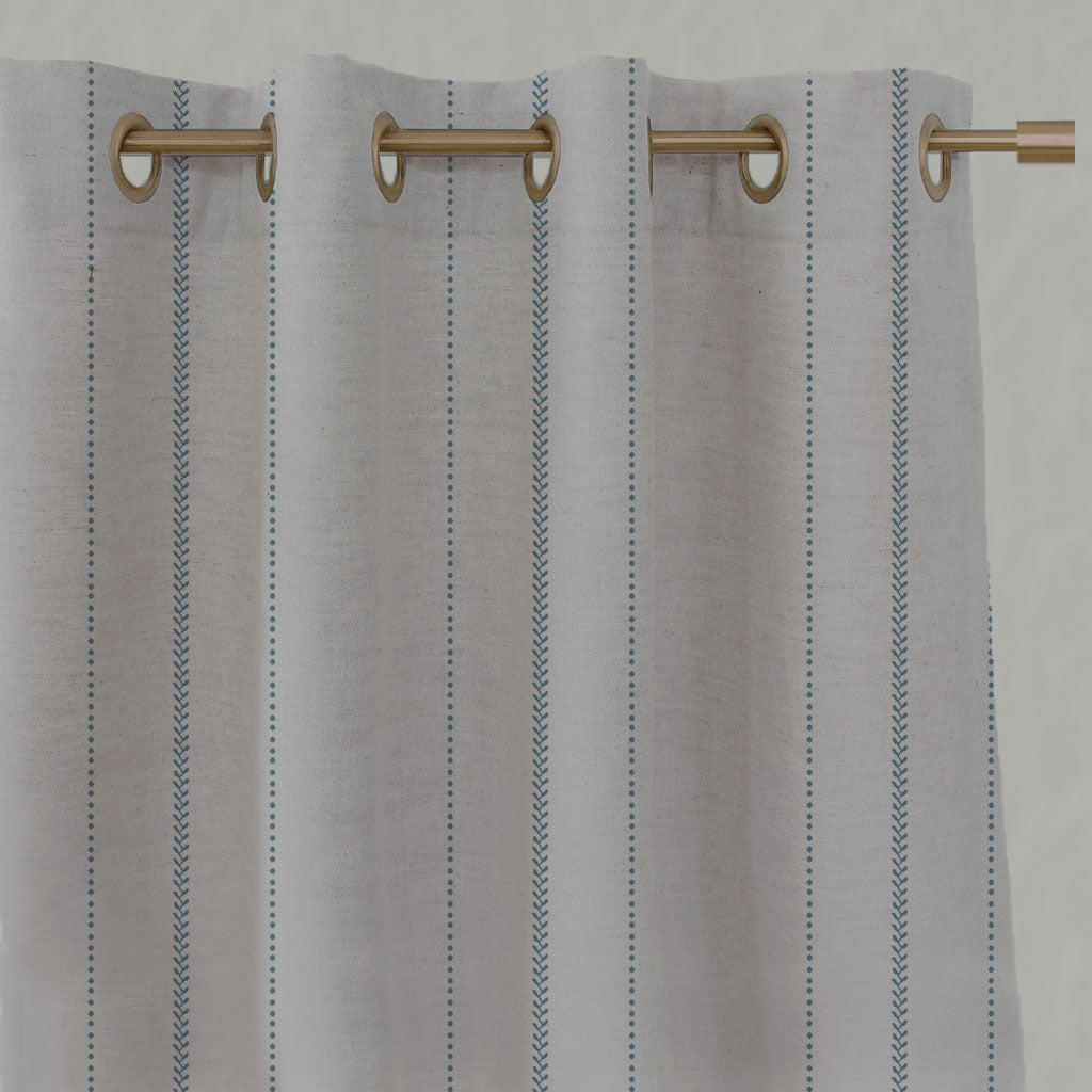 Blue Striped Linen Eyelet Curtains - Inari True Blue - Natural base fabric.