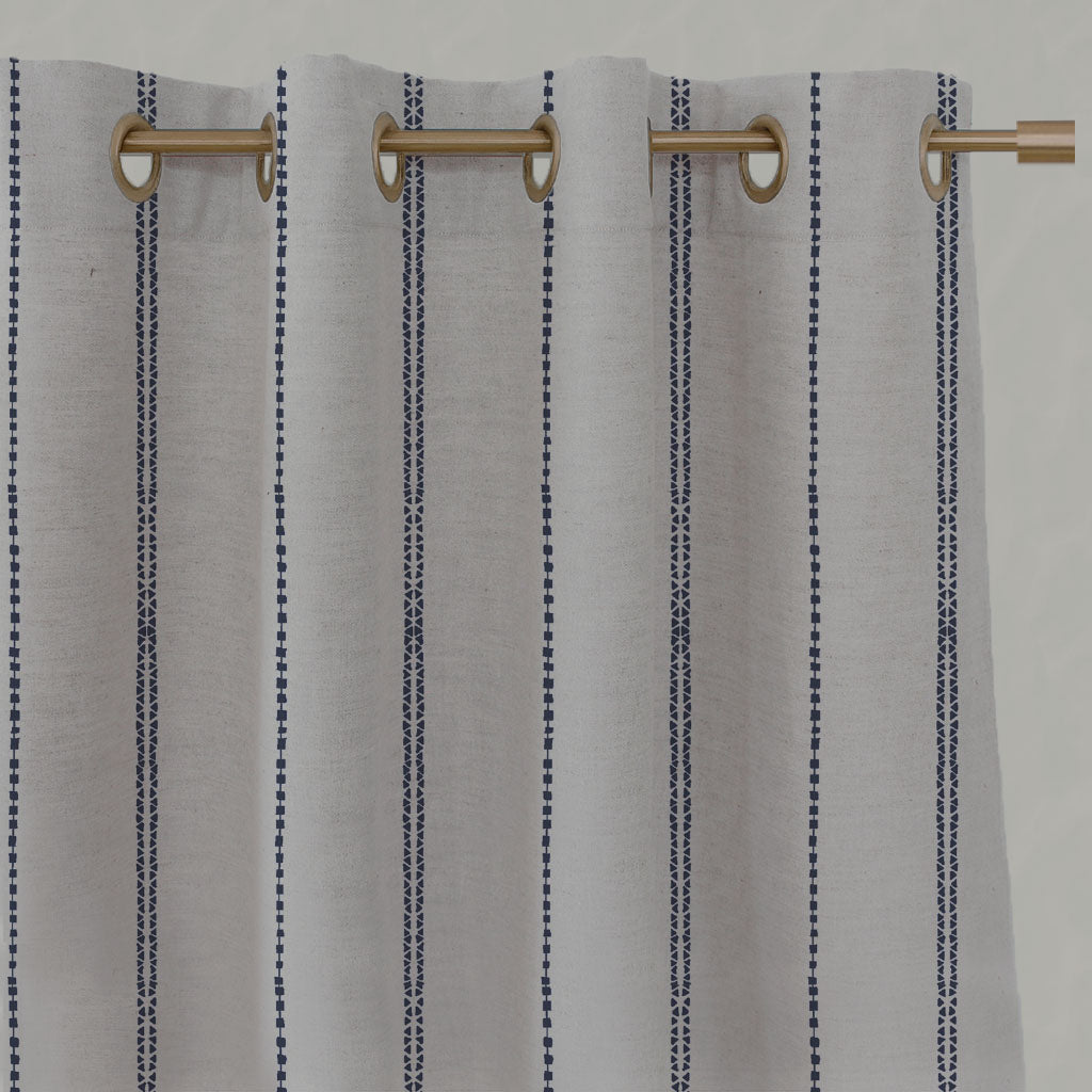 Blue Striped Linen Eyelet Curtains - Inga-NAT Deep Blue - Natural base fabric.