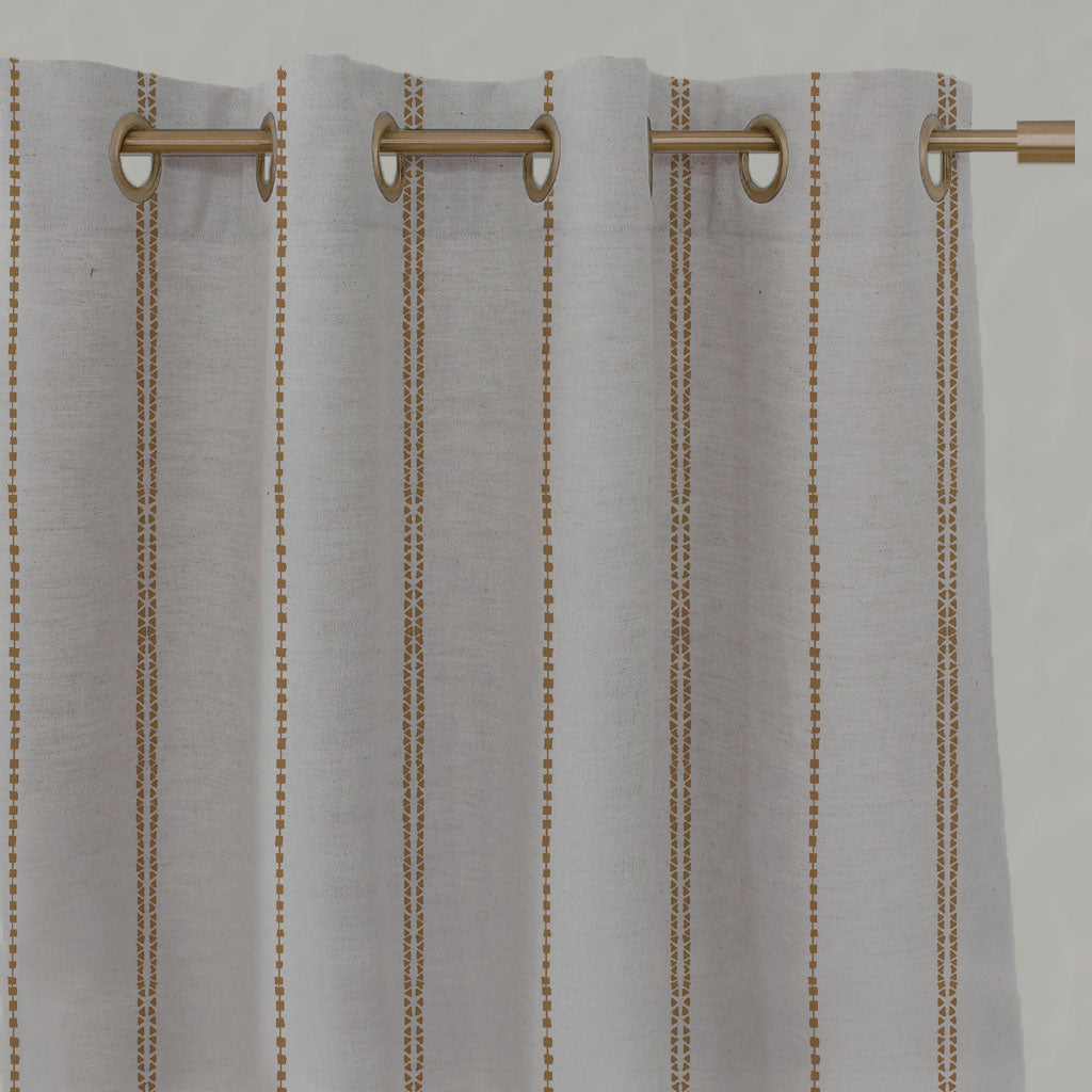 Orange / Yellow Striped Linen Eyelet Curtains - Inga-NAT Gold Ochre - Natural base fabric.