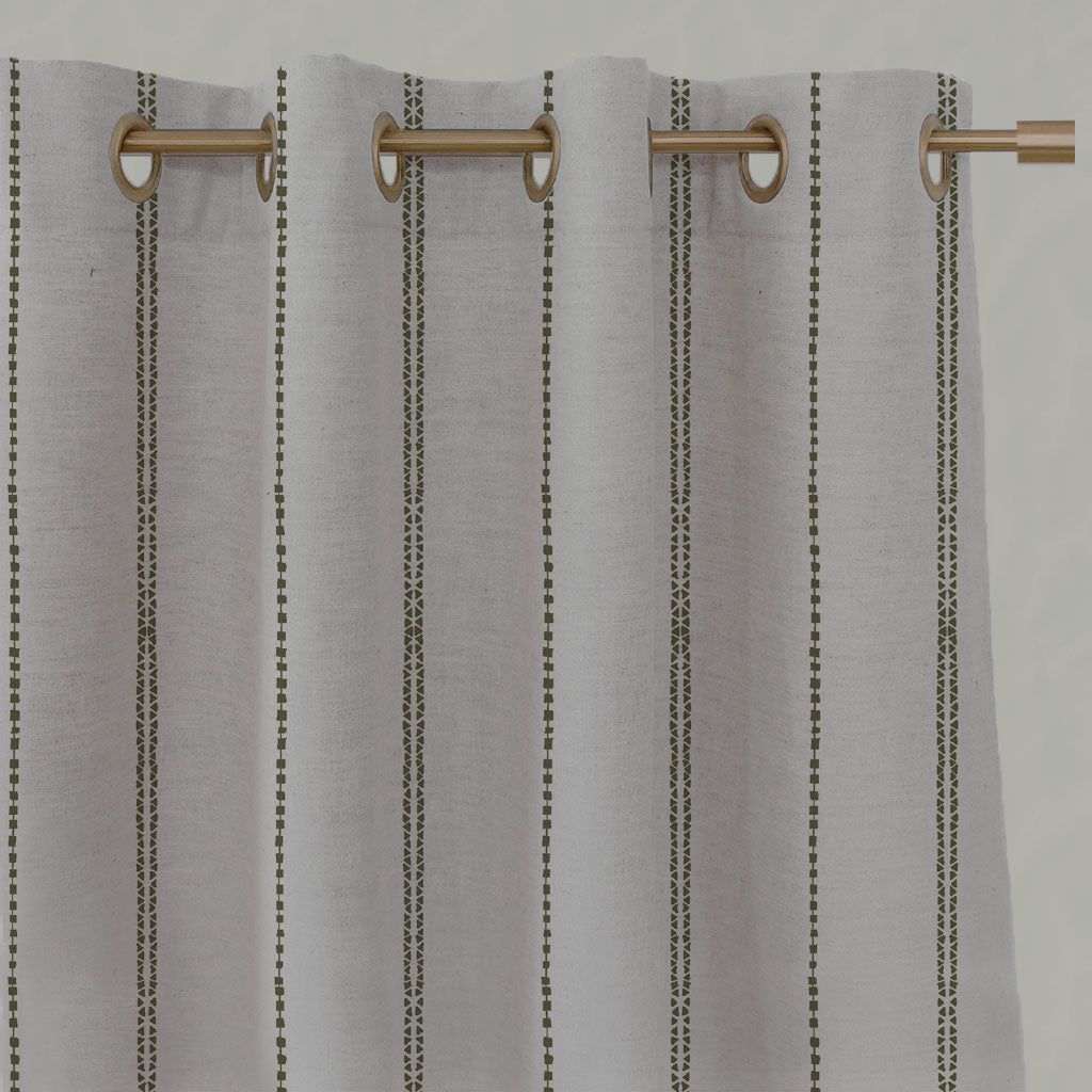 Green Striped Linen Eyelet Curtains - Inga-NAT Sea Weed - Natural base fabric.