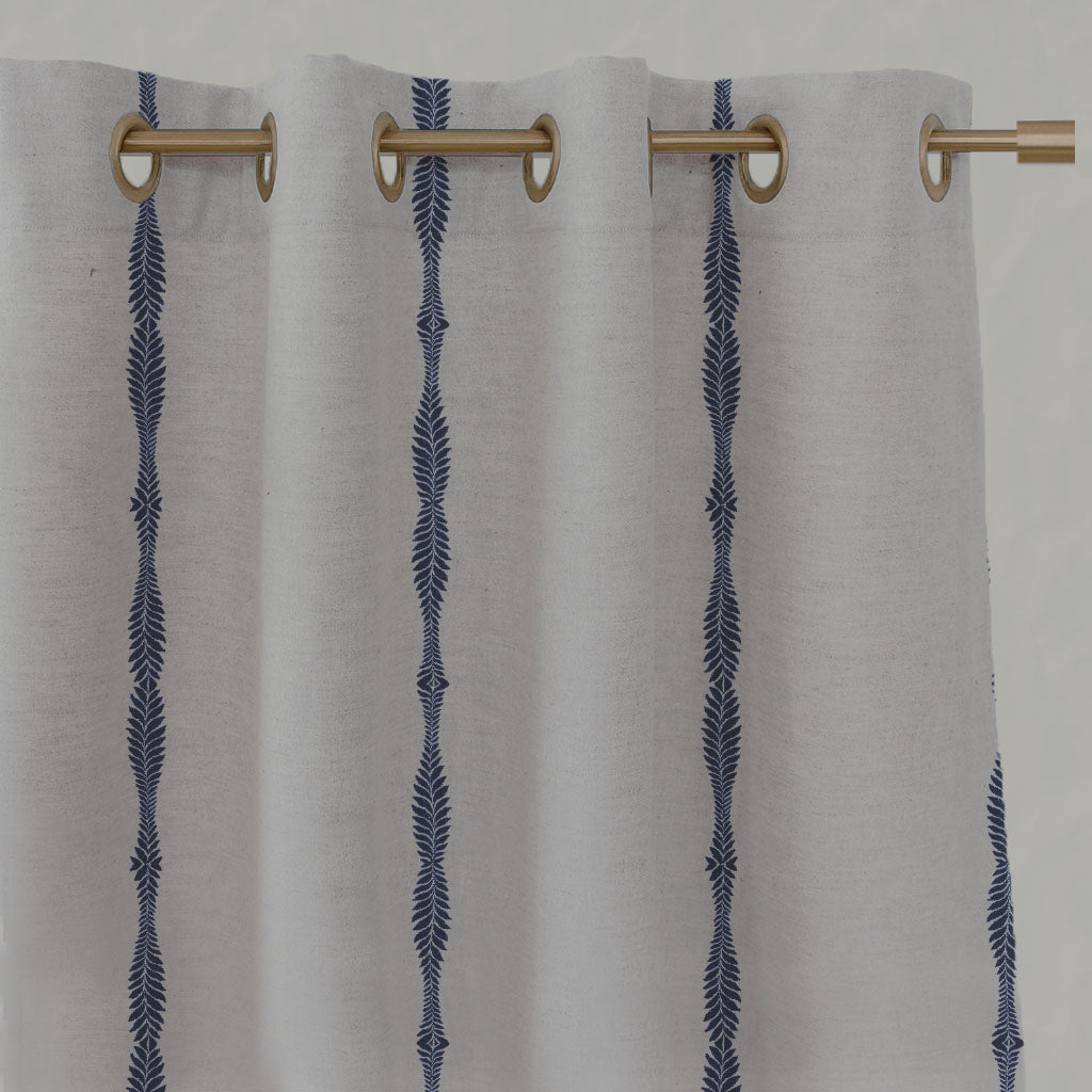 Blue Patterned Linen Eyelet Curtains - Irina Deep Blue - Natural base fabric.