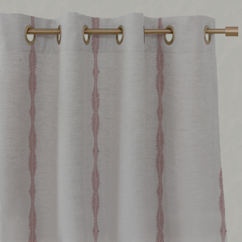 Pink Patterned Linen Eyelet Curtains - Irina Dusty Pink - Natural base fabric.