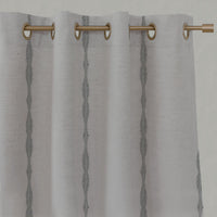 Grey Patterned Linen Eyelet Curtains - Irina Greige - Natural base fabric.