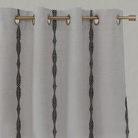 Black Patterned Linen Eyelet Curtains - Irina Noir - Natural base fabric.