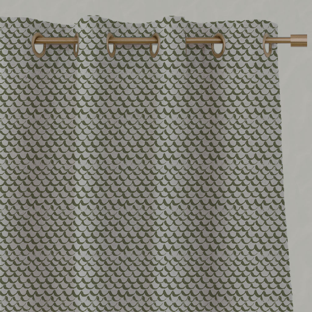Green Patterned Linen Eyelet Curtains - Jenna Khaki - Natural base fabric.