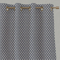 Blue Patterned Linen Eyelet Curtains - Jonna Deep Blue - Natural base fabric.